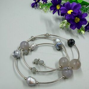 Handmade Silver-Tone Gray Agate & Genuine Pearl Coil Wrap Bracelet